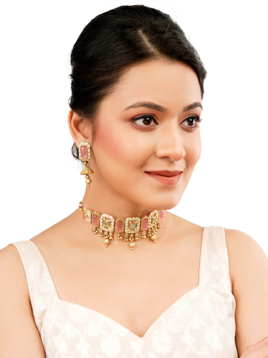 Pink And Green Meenakari Choker Necklace Set