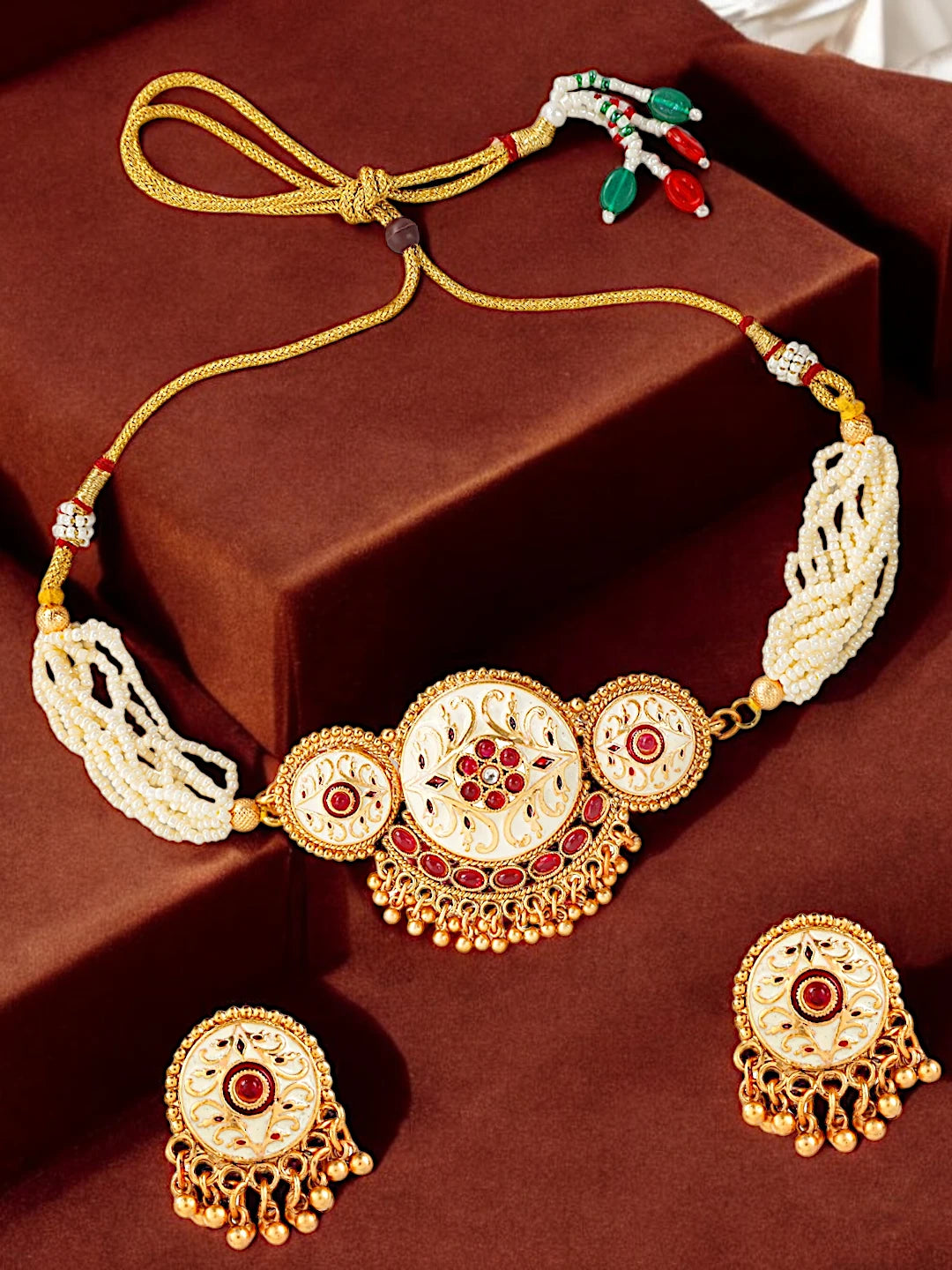 White Meenakari Ruby Choker Necklace Set