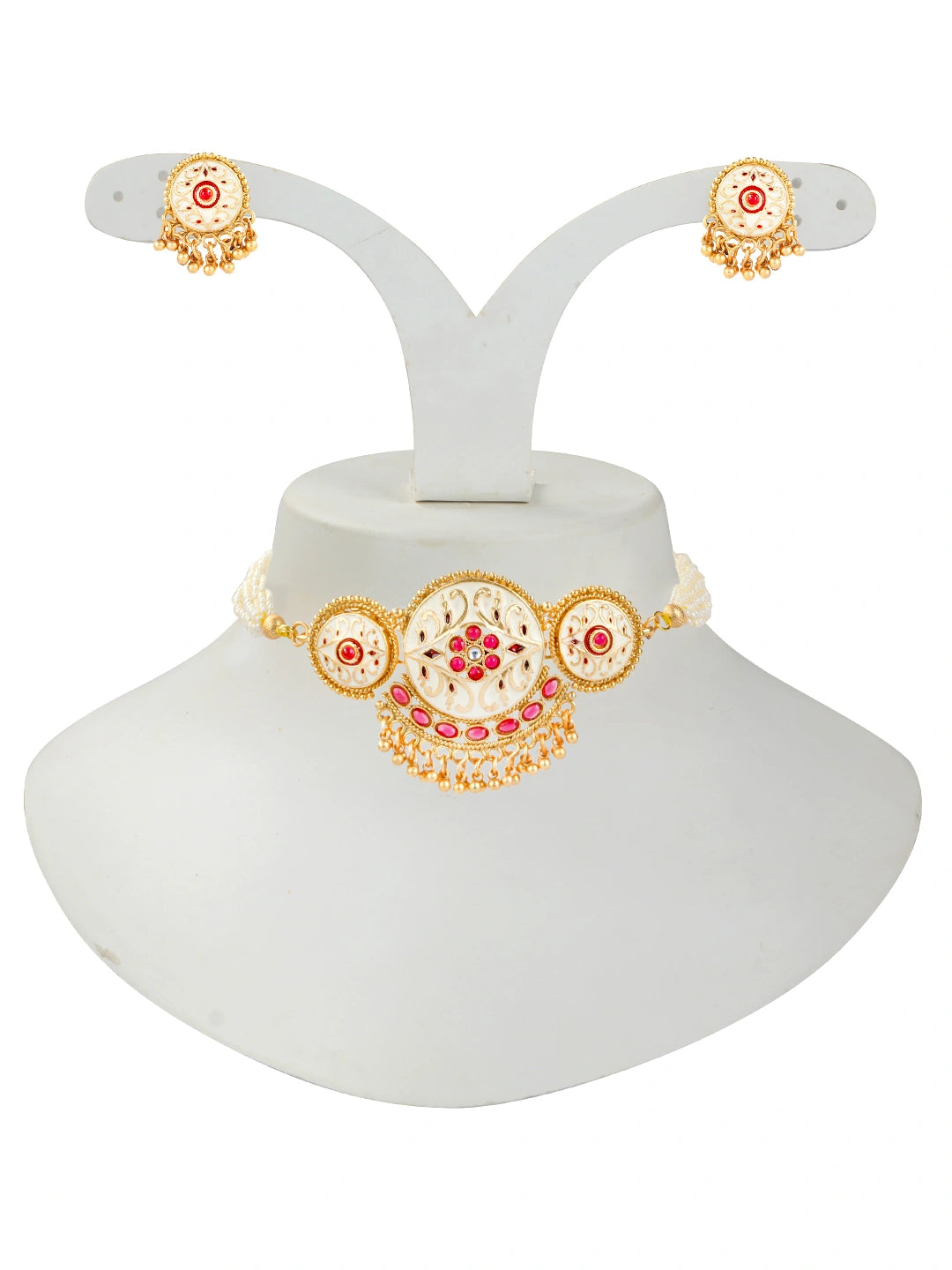 White Meenakari Ruby Choker Necklace Set