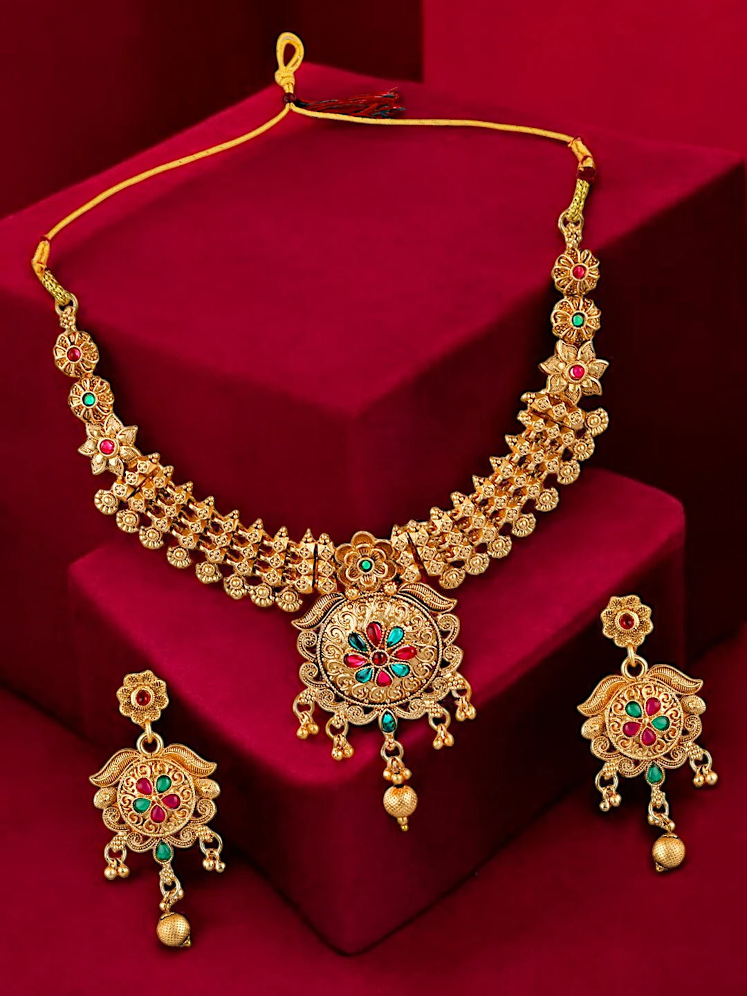 Gold Plated Filigree Cz Stone Necklace Set