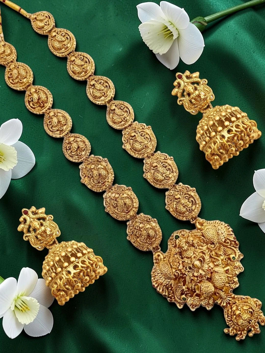 Gold Plated Temple Design Long Necklace Set For Women and Girls