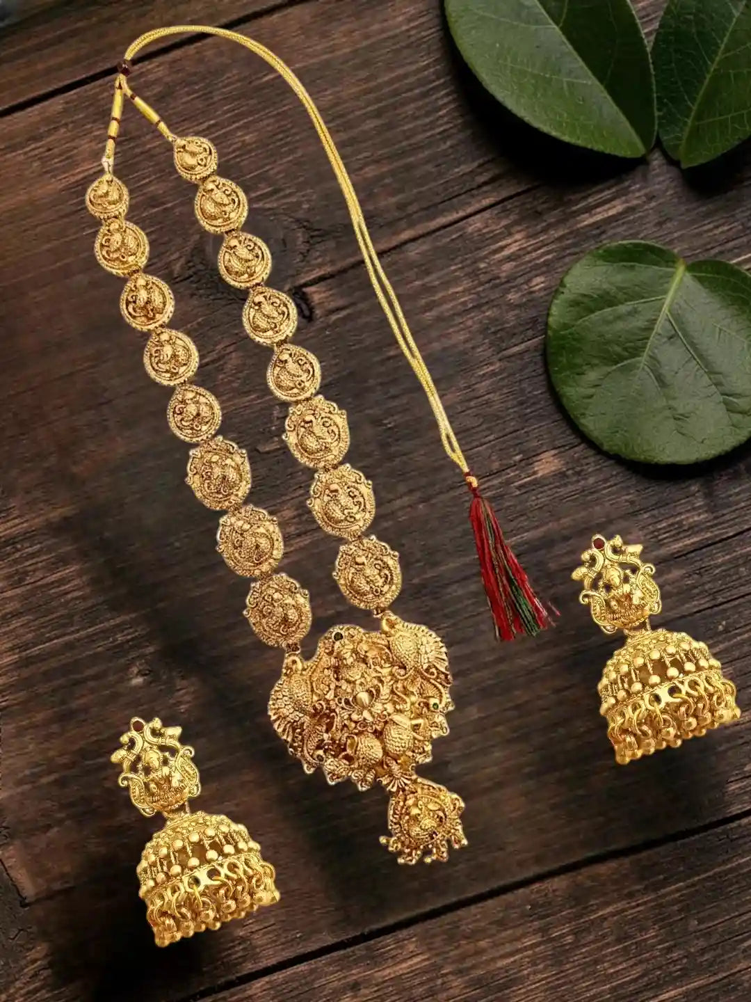 Gold Plated Temple Design Long Necklace Set For Women and Girls