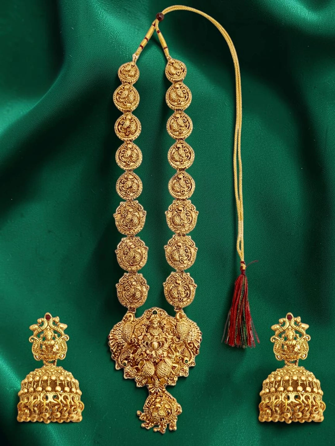 Gold Plated Temple Design Long Necklace Set For Women and Girls