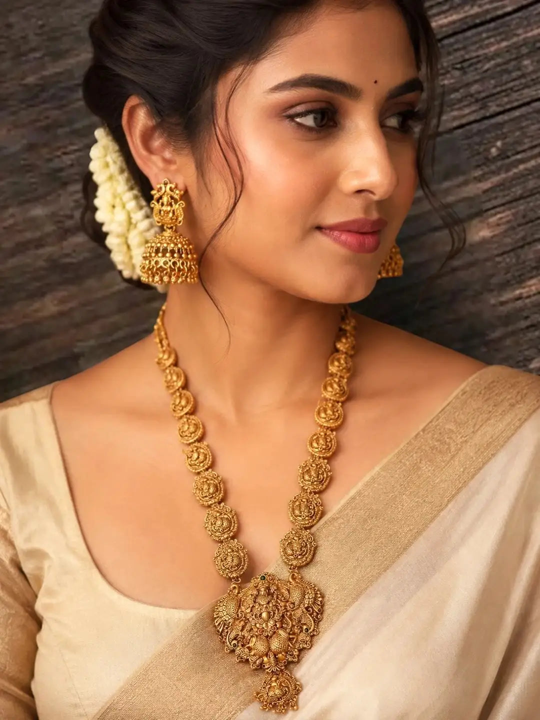 Gold Plated Temple Design Long Necklace Set For Women and Girls