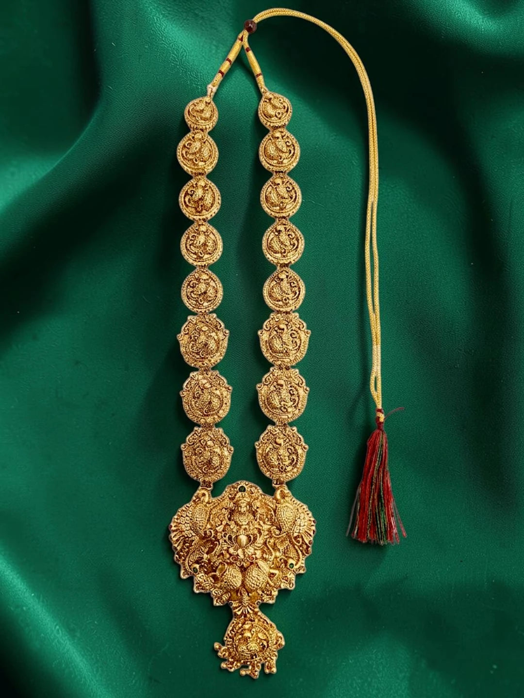 Gold Plated Temple Design Long Necklace Set For Women and Girls