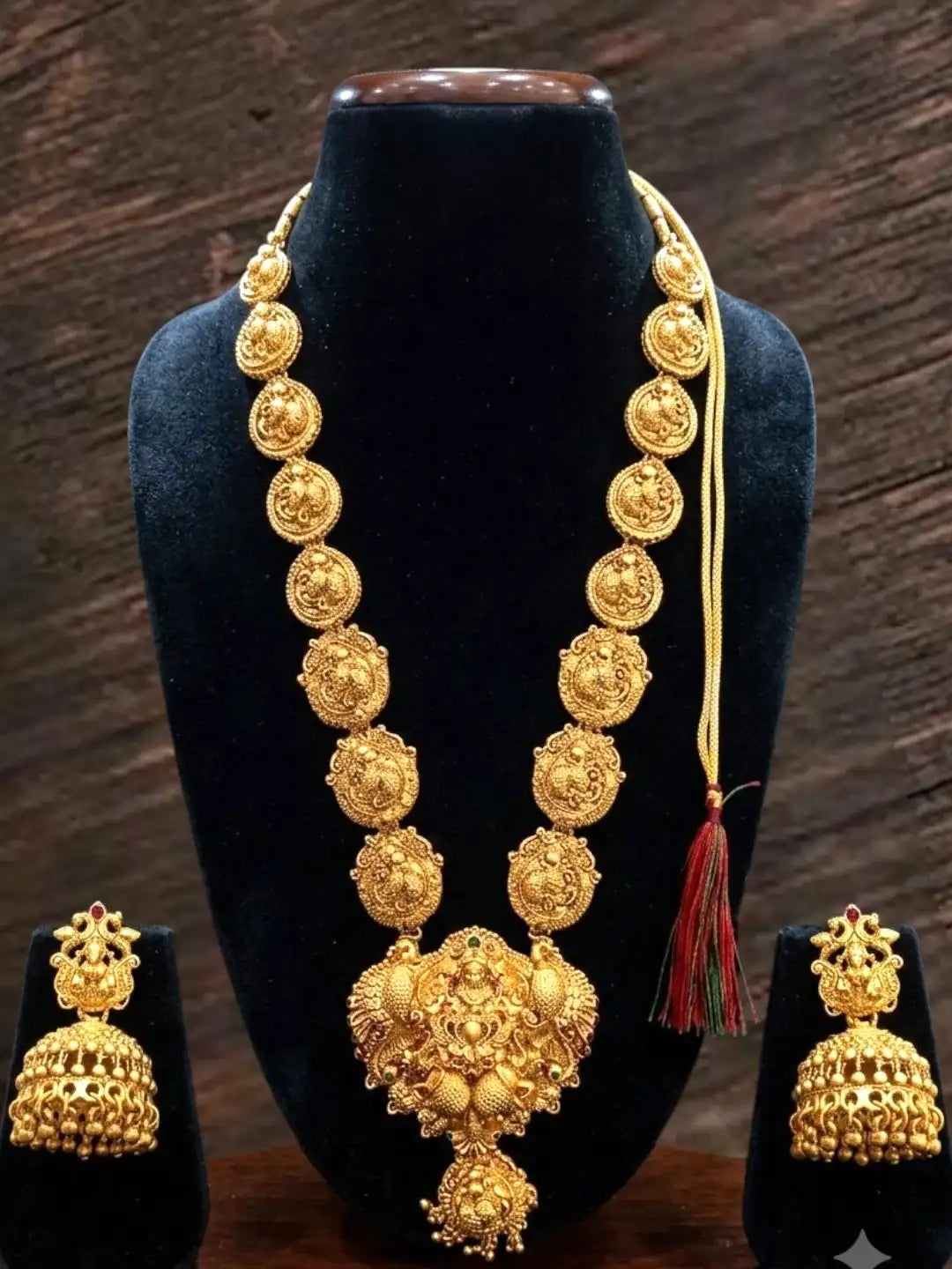 Gold Plated Temple Design Long Necklace Set For Women and Girls