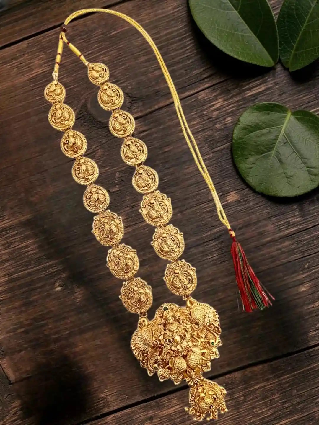 Gold Plated Temple Design Long Necklace Set For Women and Girls
