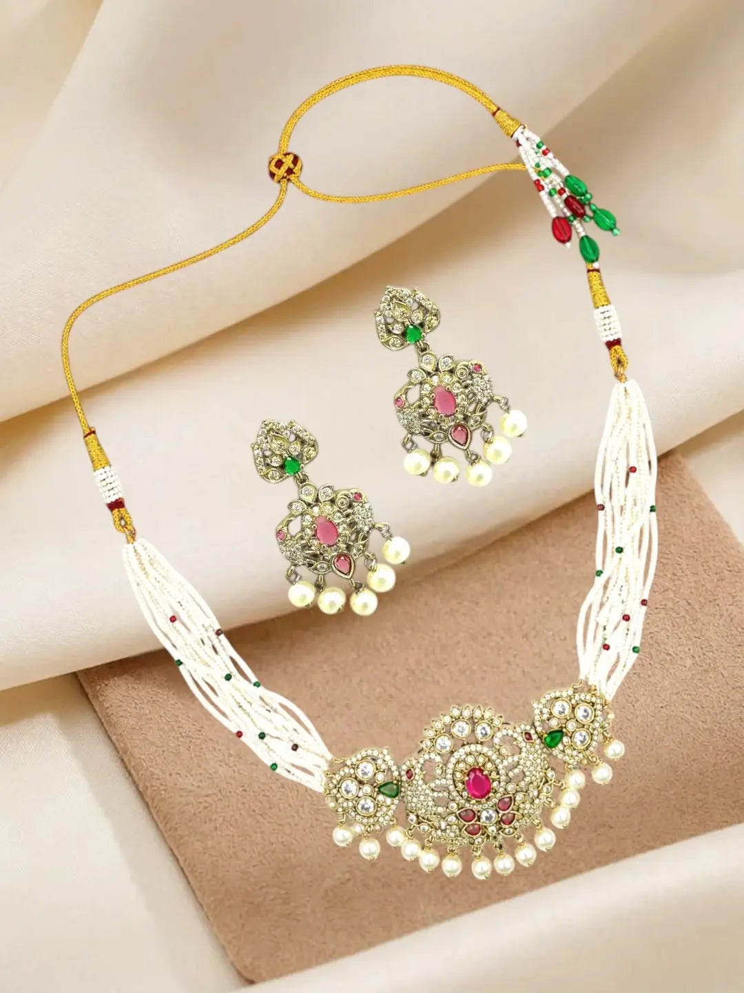 Mehandi Gold Plated CZ Multi Stand Necklace Set