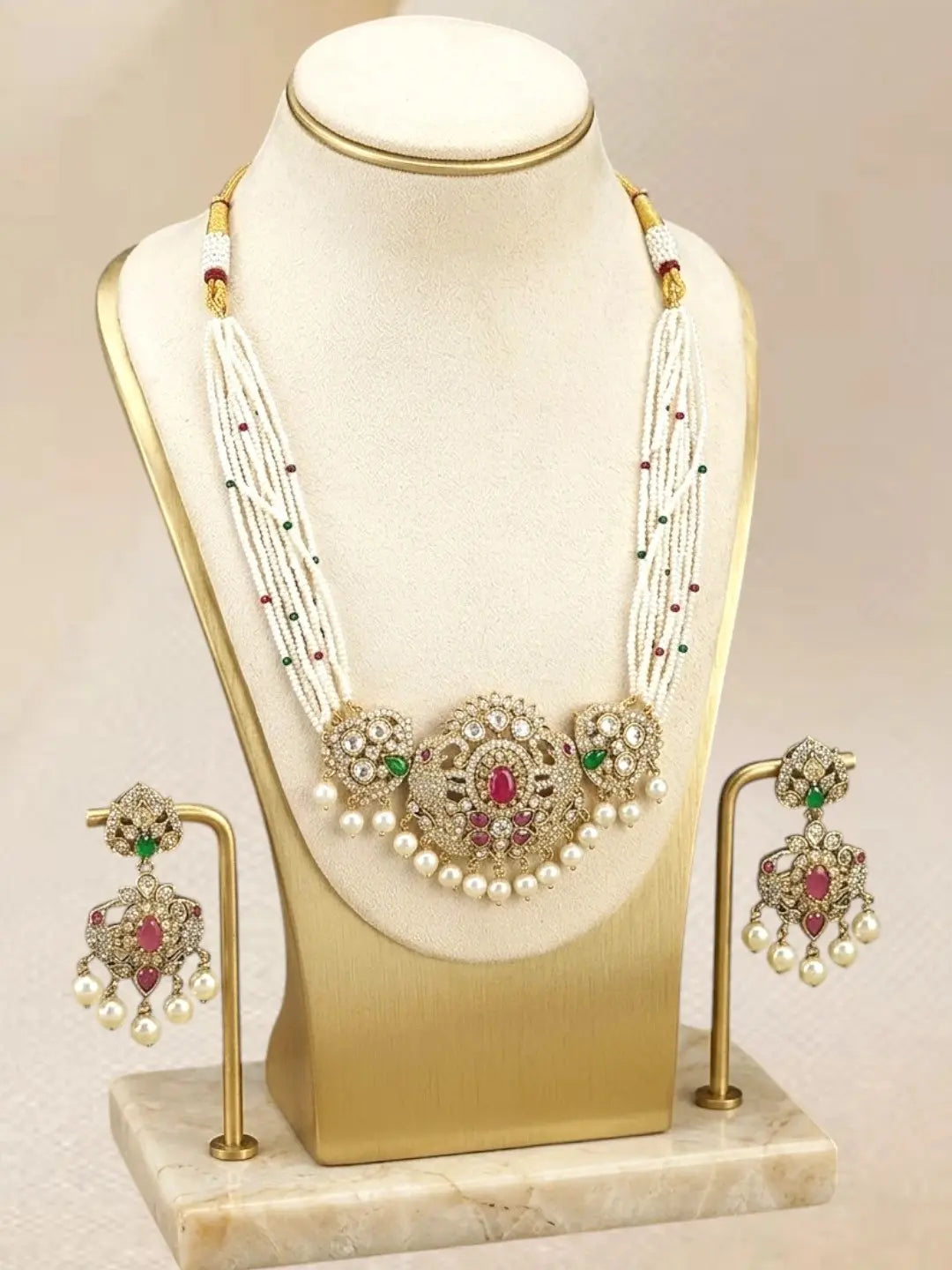 Mehandi Gold Plated CZ Multi Stand Necklace Set