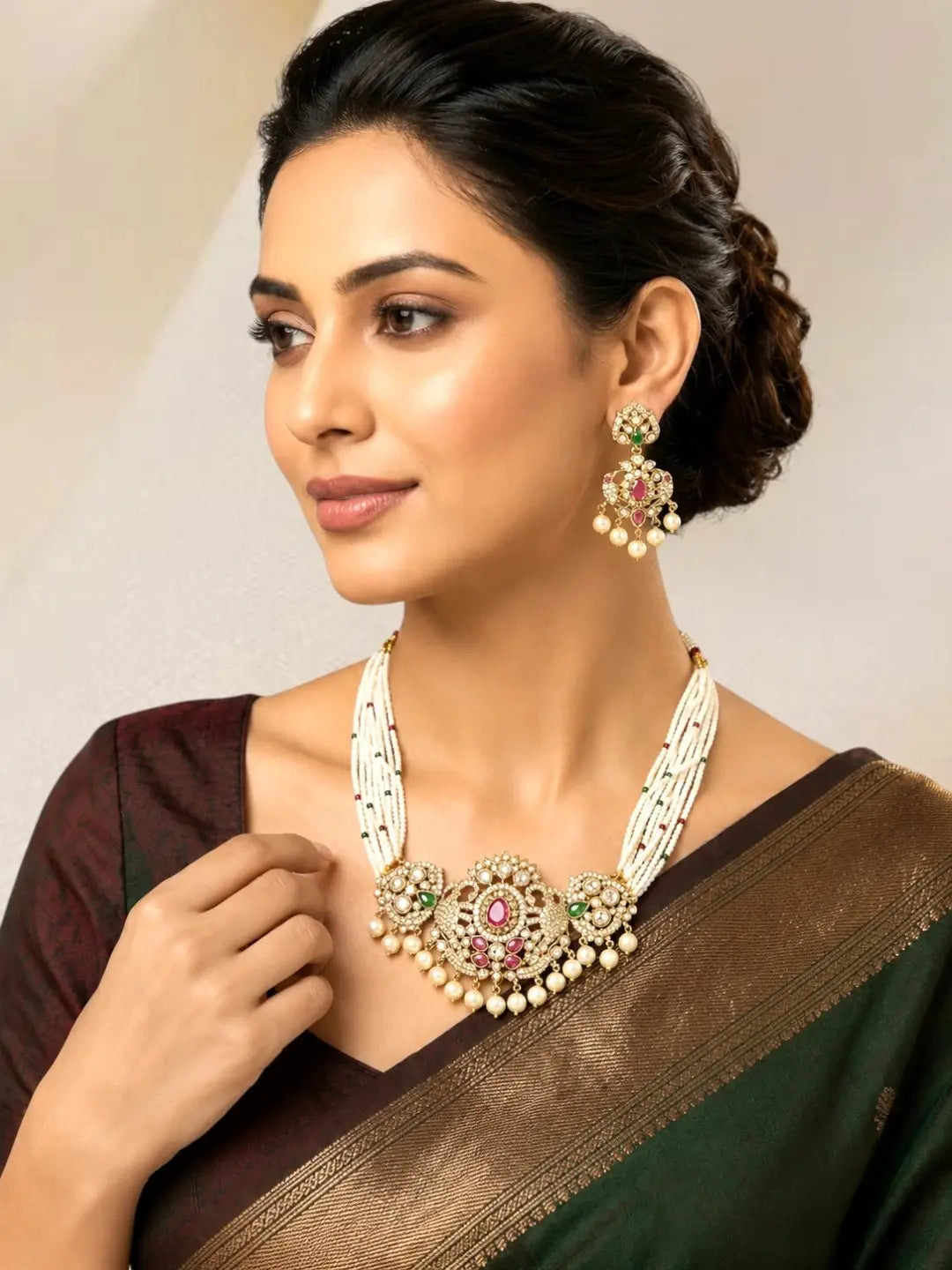 Mehandi Gold Plated CZ Multi Stand Necklace Set