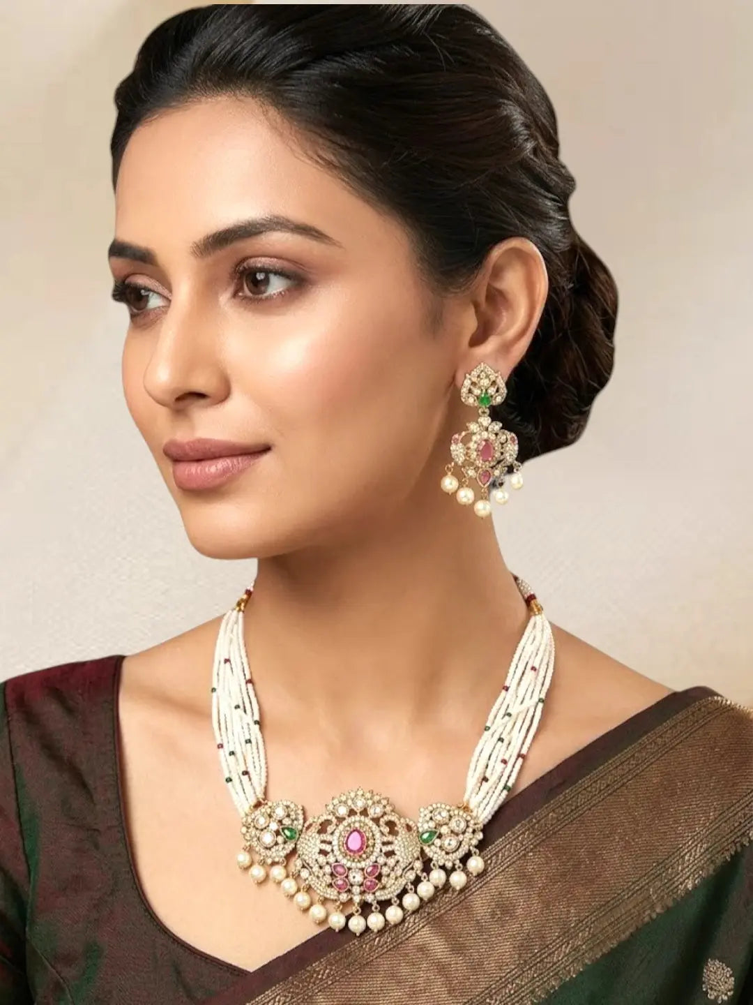 Mehandi Gold Plated CZ Multi Stand Necklace Set