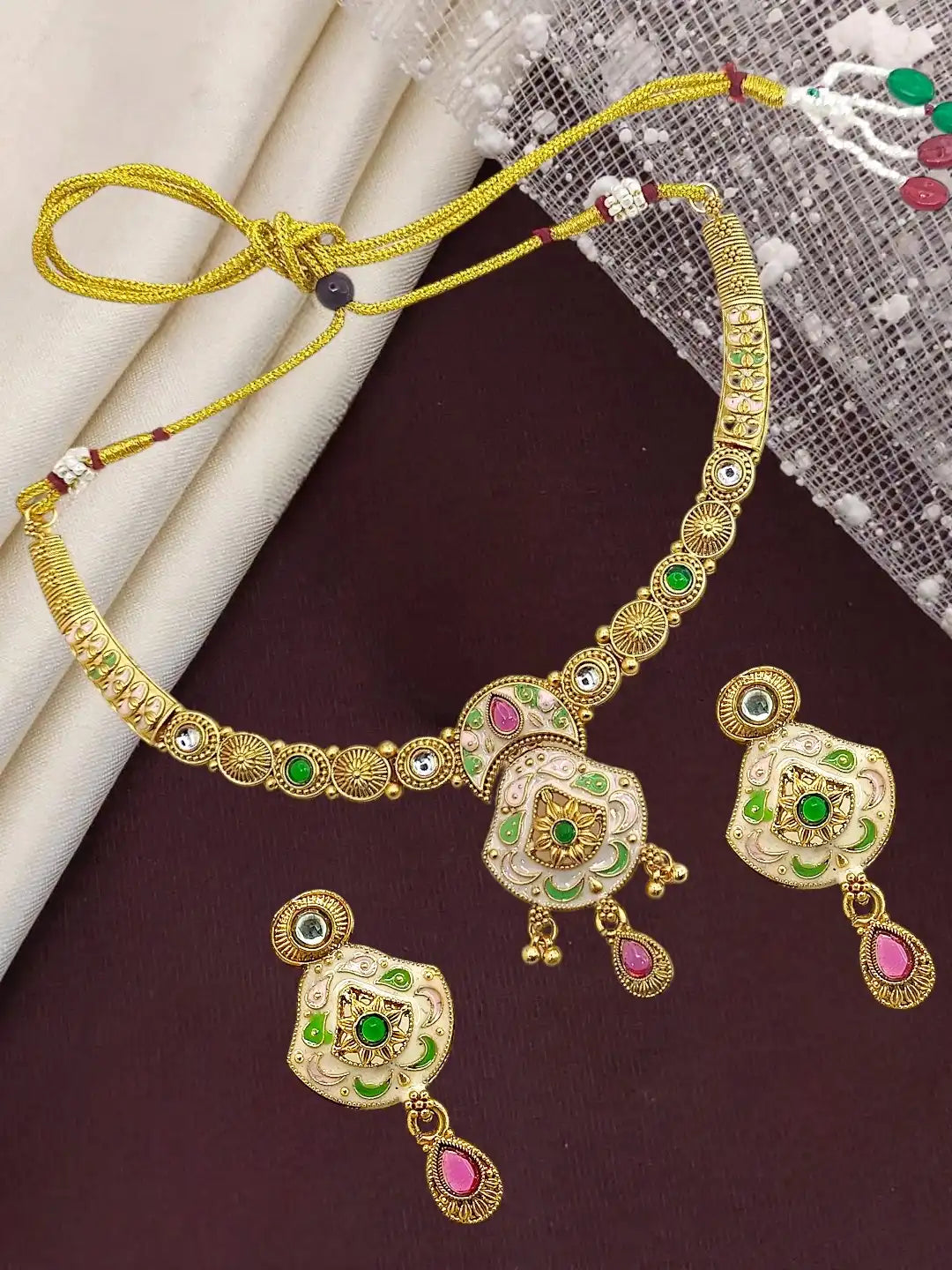 Gold Plated Kundan Meenakari Hasli Necklace Set with Matching Drop Earrings