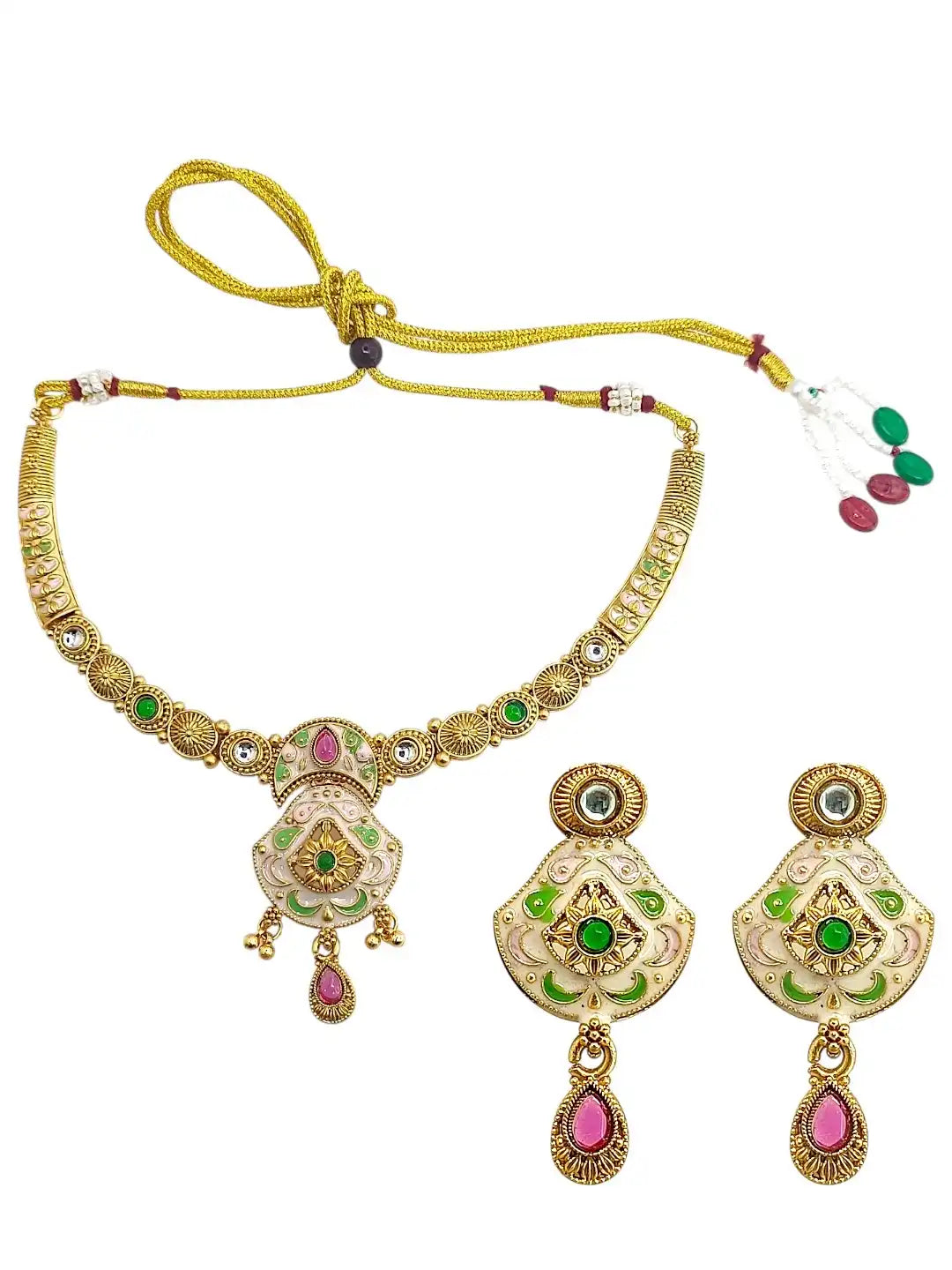 Gold Plated Kundan Meenakari Hasli Necklace Set with Matching Drop Earrings