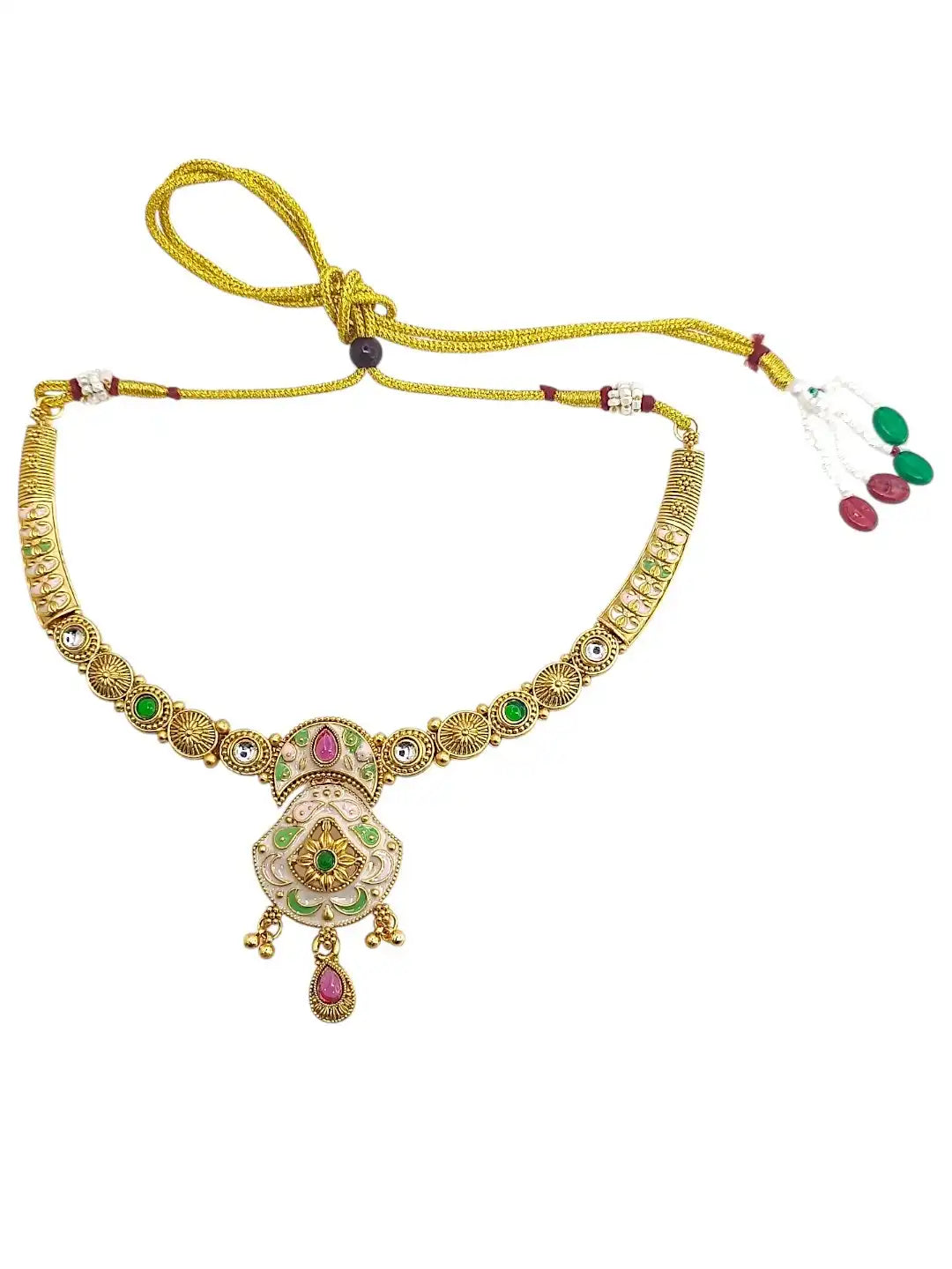 Gold Plated Kundan Meenakari Hasli Necklace Set with Matching Drop Earrings