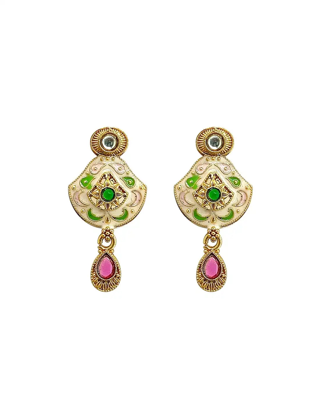 Gold Plated Kundan Meenakari Hasli Necklace Set with Matching Drop Earrings