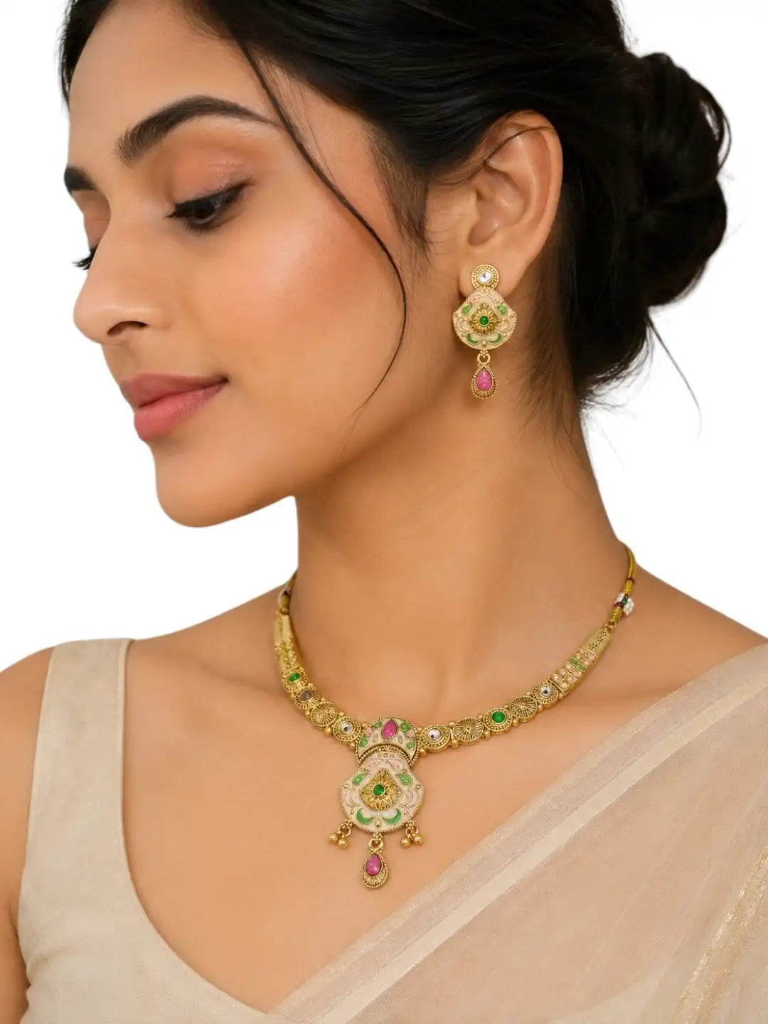 Gold Plated Kundan Meenakari Hasli Necklace Set with Matching Drop Earrings