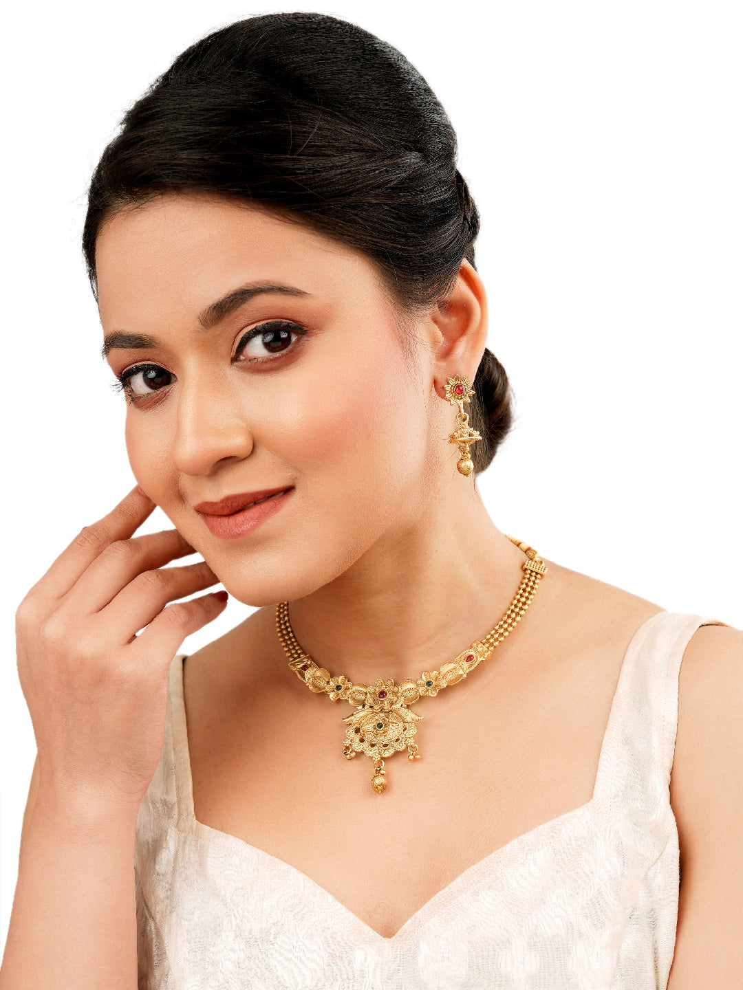 Delicate Matte Gold Plated Cz Stone Necklace Set