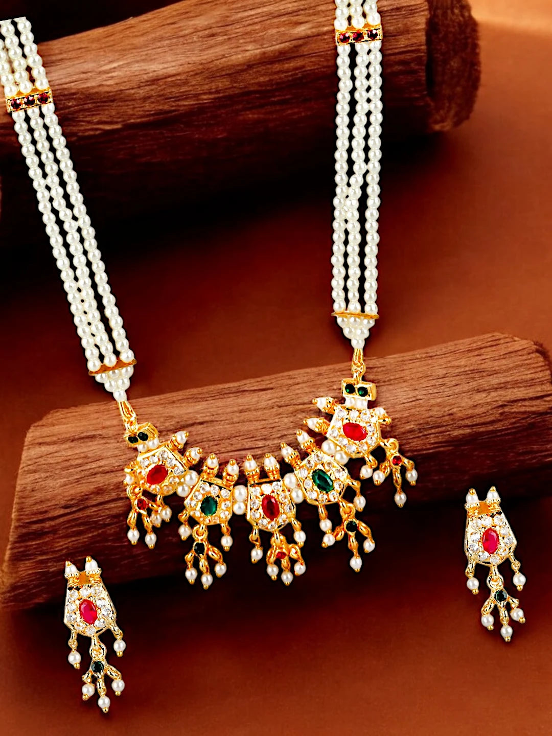 Pearl Cz Stone Long Necklace Set