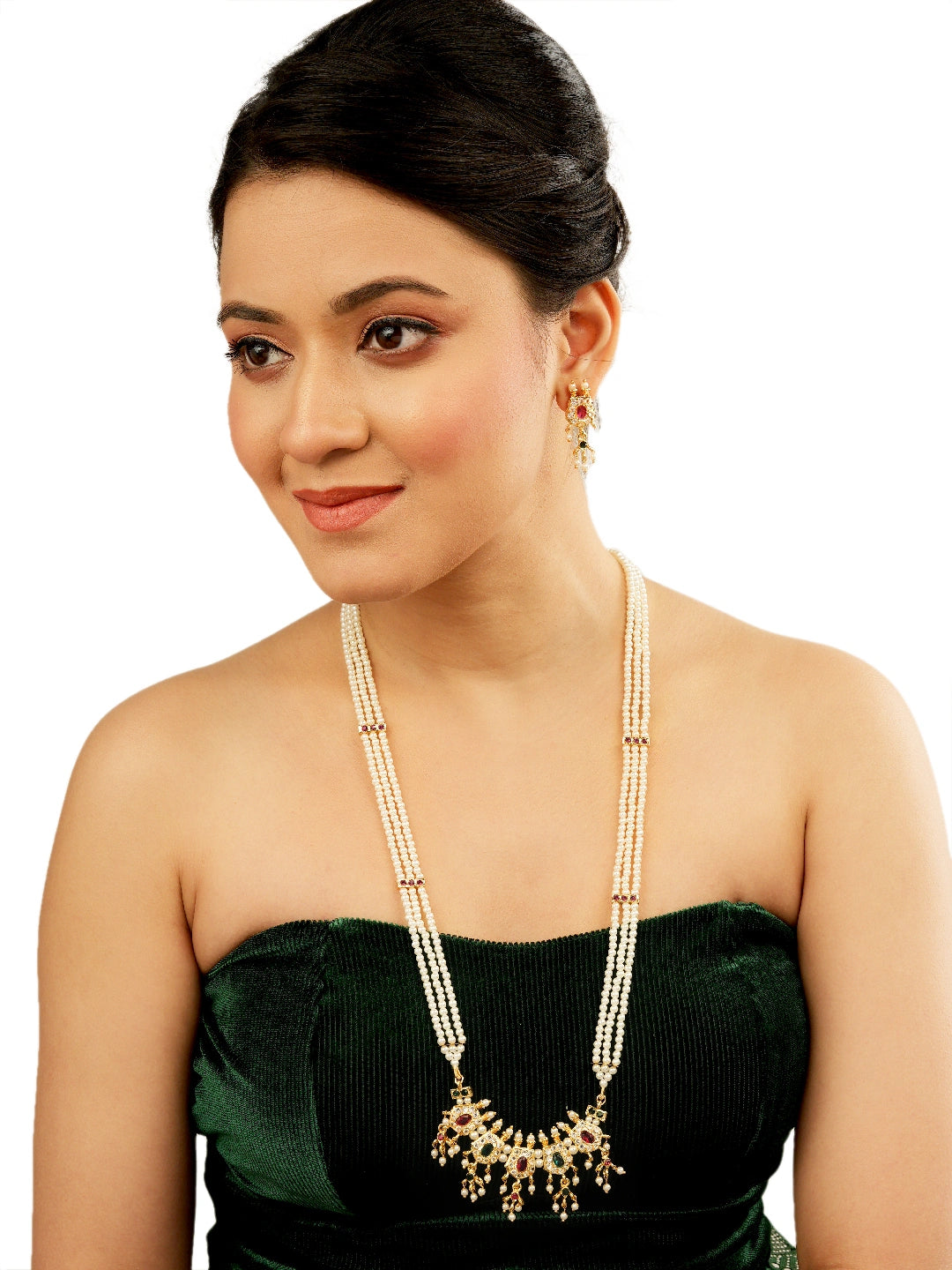 Pearl Cz Stone Long Necklace Set