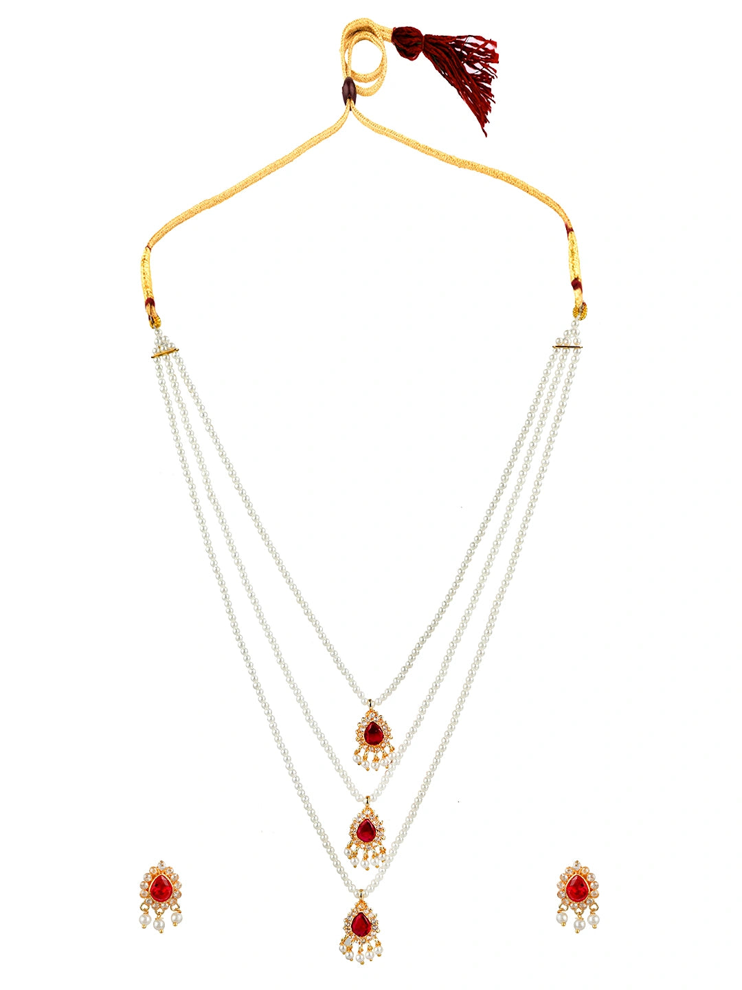 Pearl Layered Cz Stone Long Necklace Set
