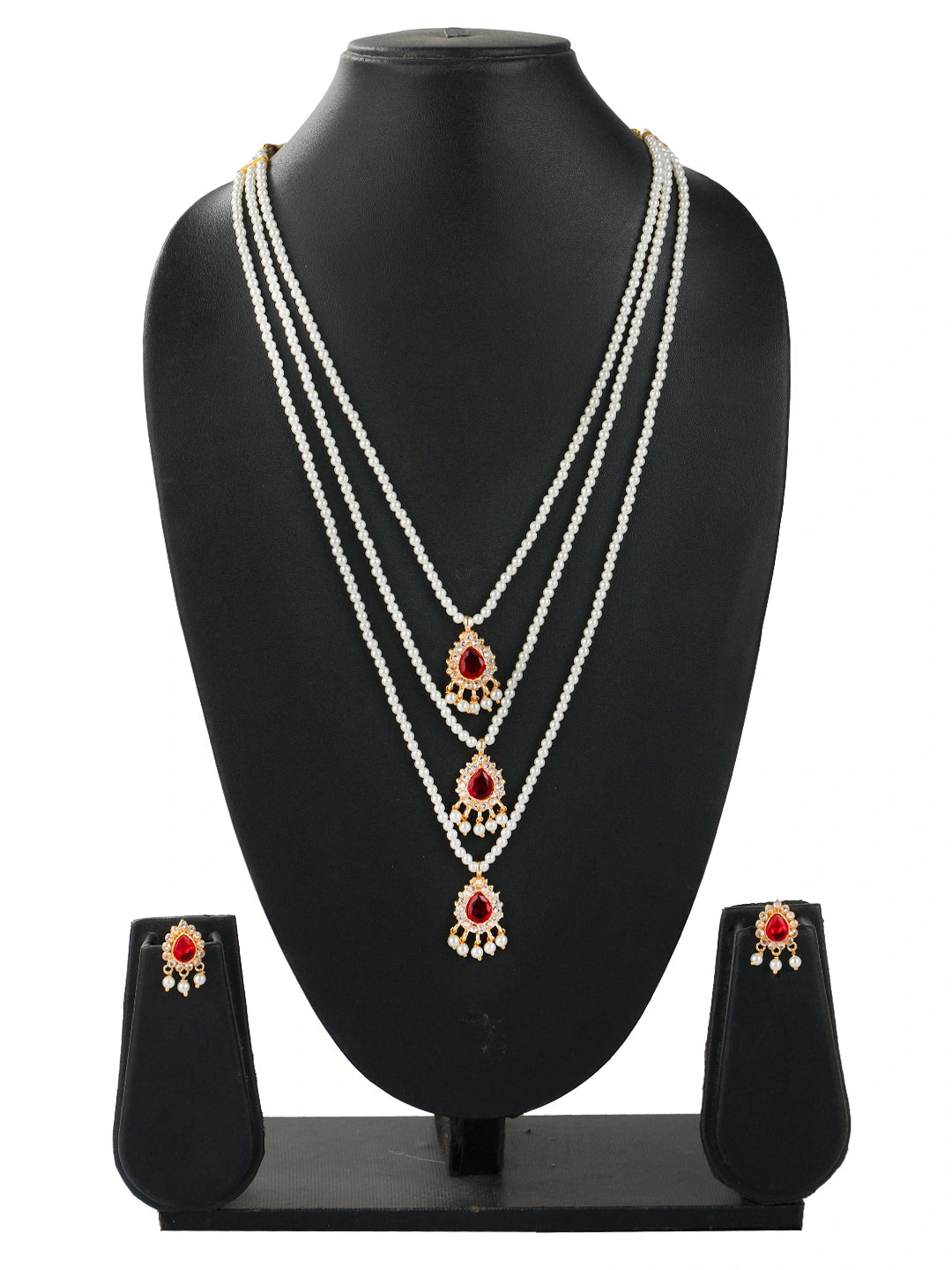 Pearl Layered Cz Stone Long Necklace Set