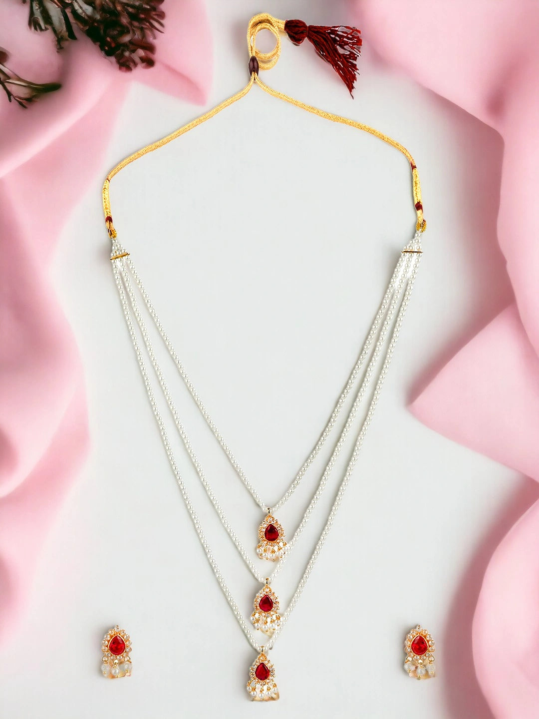 Pearl Layered Cz Stone Long Necklace Set