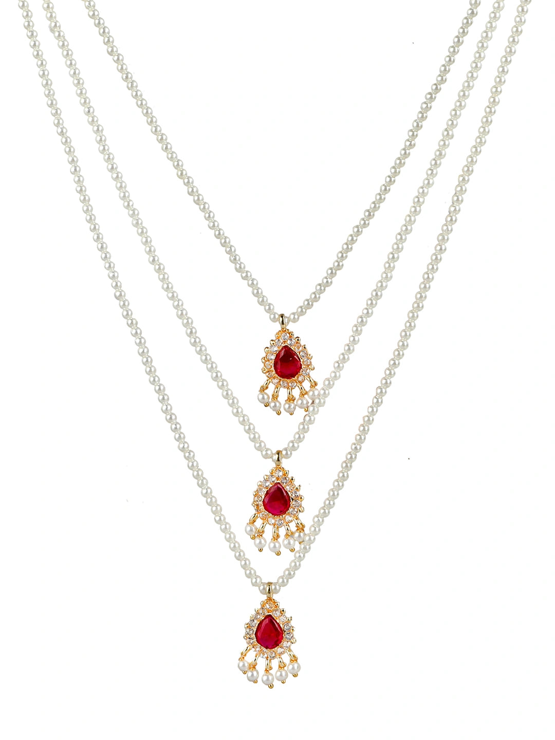 Pearl Layered Cz Stone Long Necklace Set