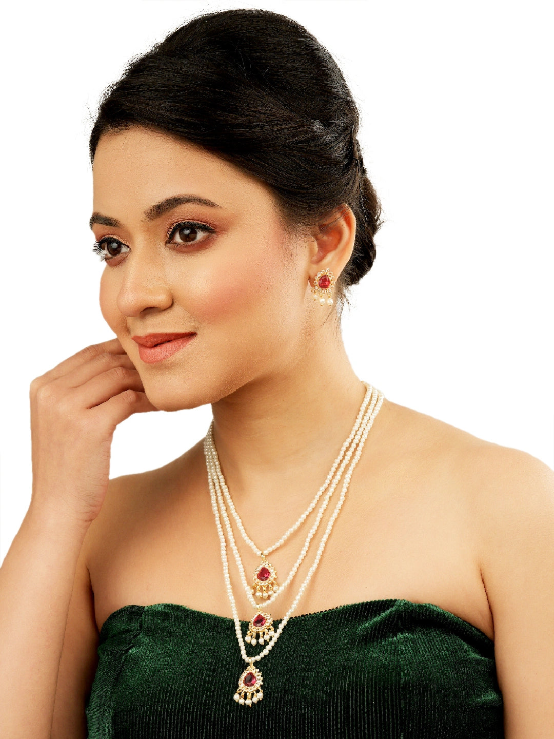 Pearl Layered Cz Stone Long Necklace Set