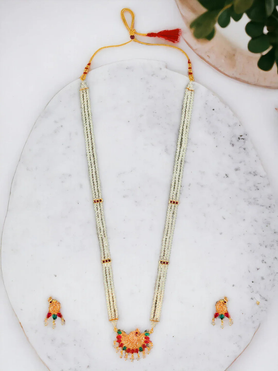 Pearl Peacock Cz Stone Long Necklace Set