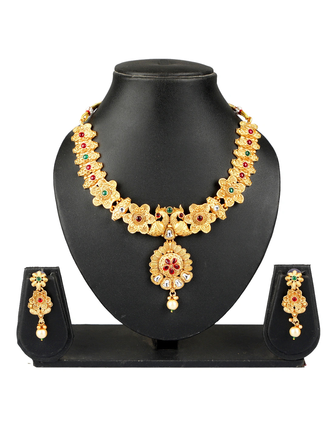 Gold Plated Floral Peacock Kundan Necklace Set