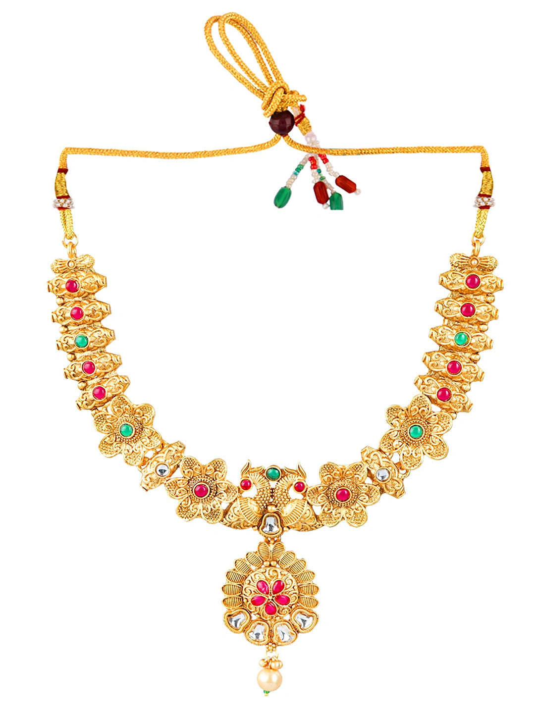 Gold Plated Floral Peacock Kundan Necklace Set