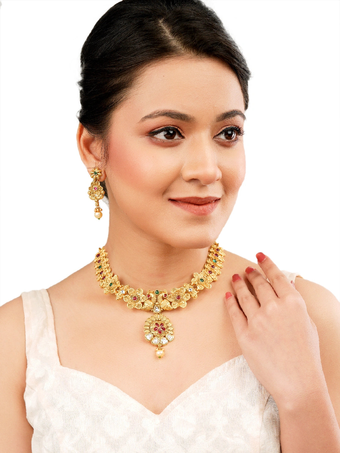 Gold Plated Floral Peacock Kundan Necklace Set