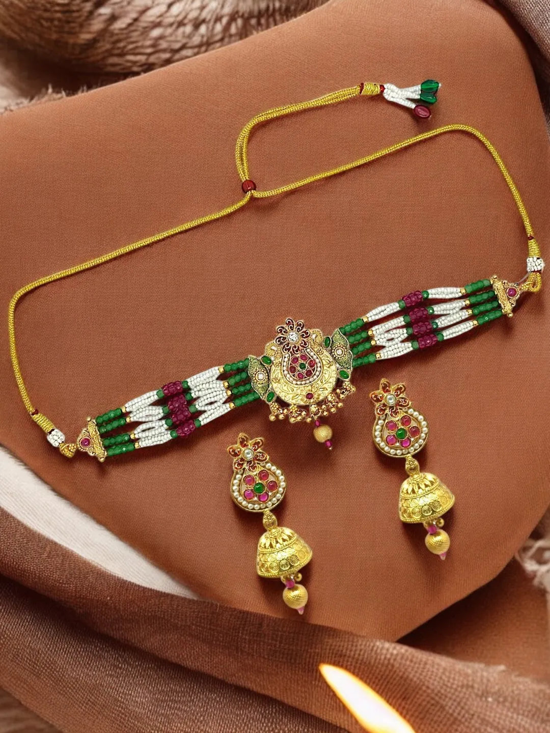 Gold-Plated Floral Motifs Chokar Jewellery Set