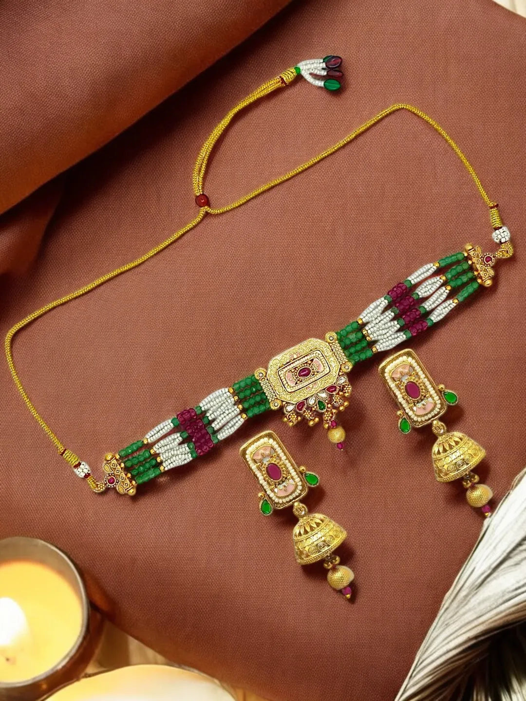 Gold-Plated Floral Motif Chokar Jewellery Set