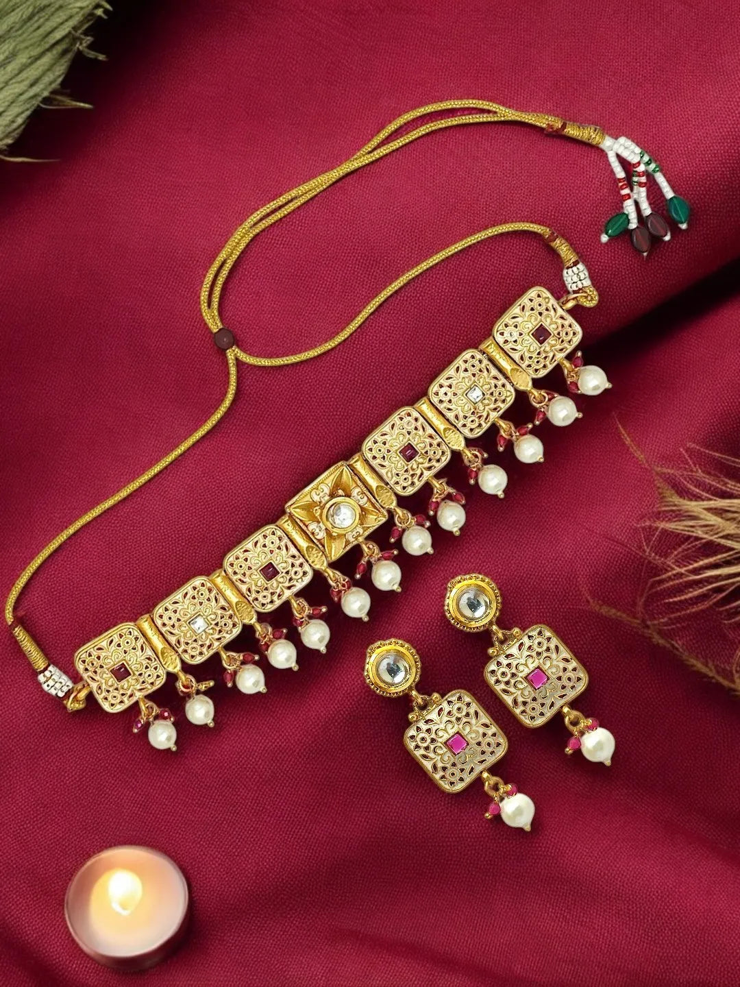 Gold Plated Stone Studded & Beaded Meenakari Jewellery Set
