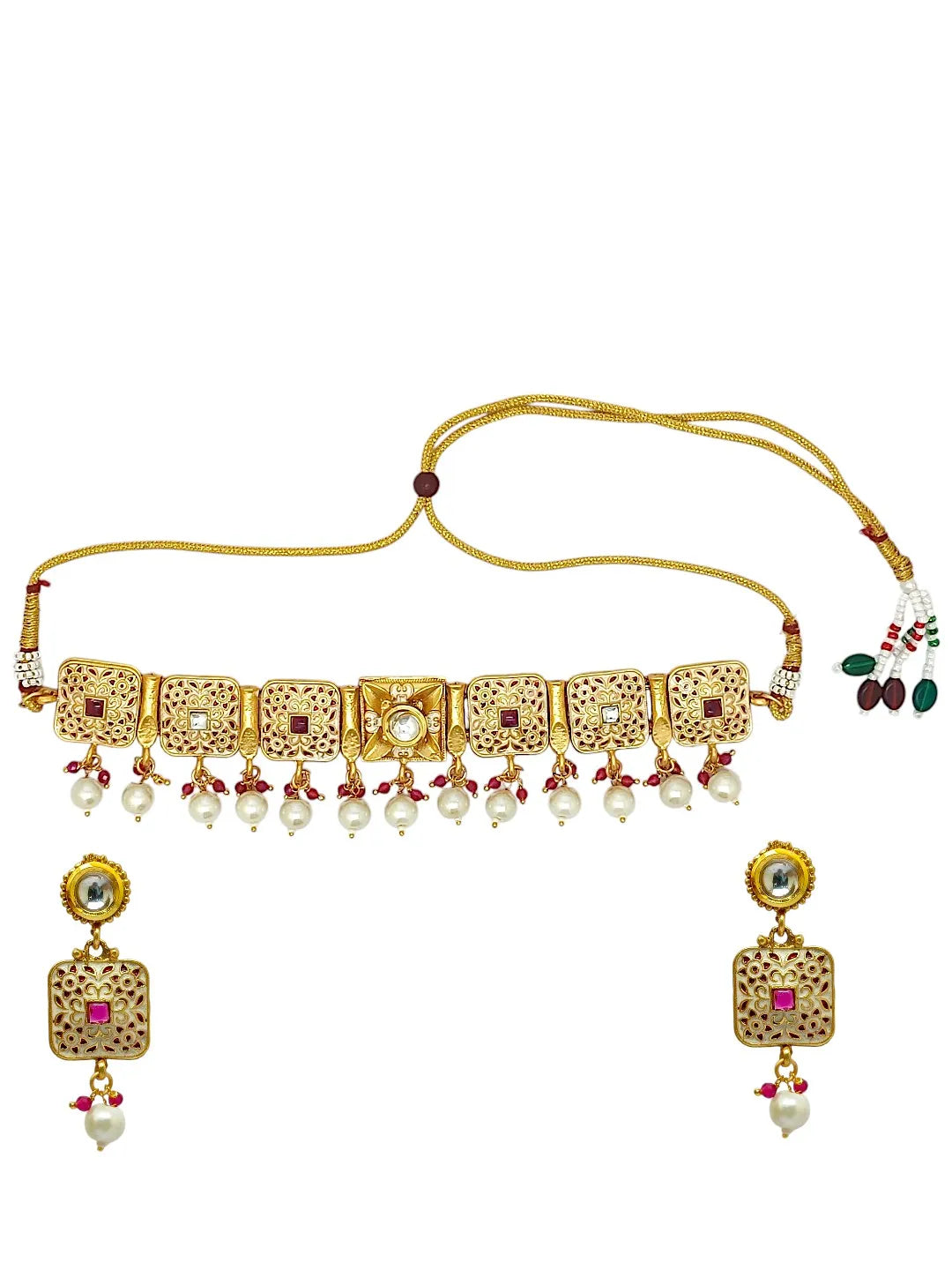 Gold Plated Stone Studded & Beaded Meenakari Jewellery Set