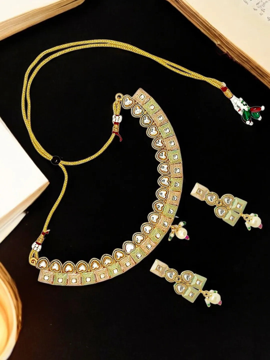 Gold-Plated Kundan-Studded & Beaded Meenakari Jewellery Set