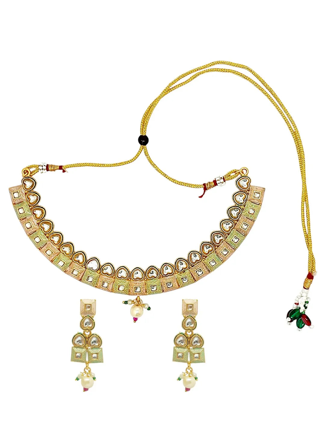 Gold-Plated Kundan-Studded & Beaded Meenakari Jewellery Set