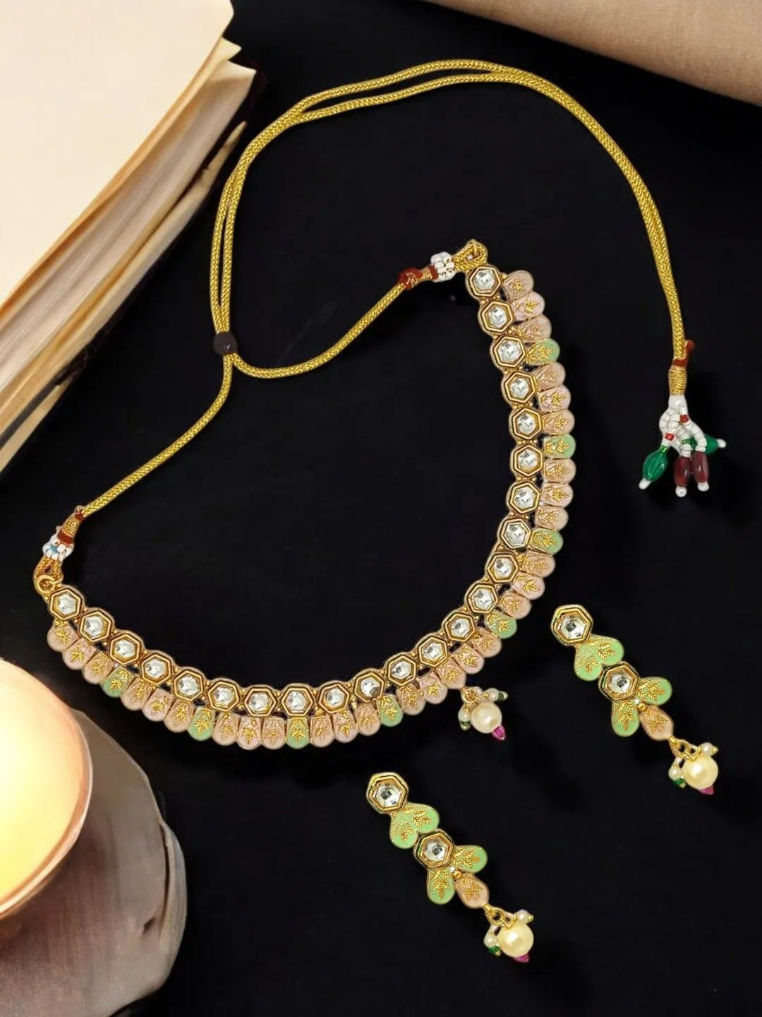 Gold-Plated Kundan-Studded & Beaded Meenakaris Jewellery Set