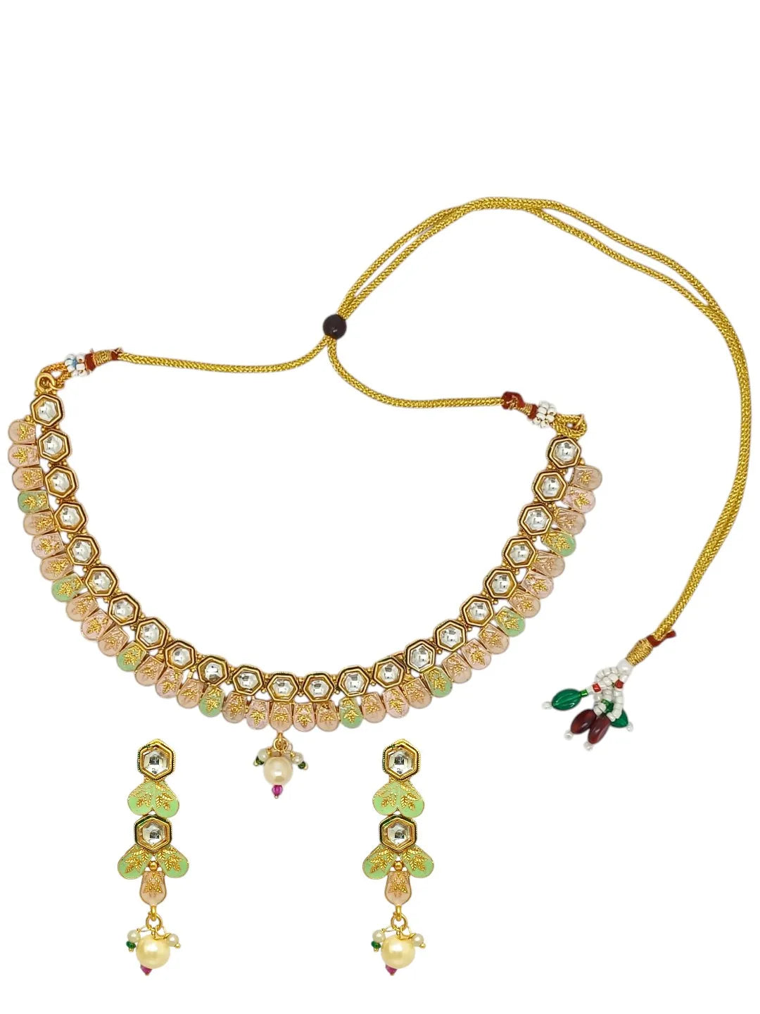Gold-Plated Kundan-Studded & Beaded Meenakaris Jewellery Set