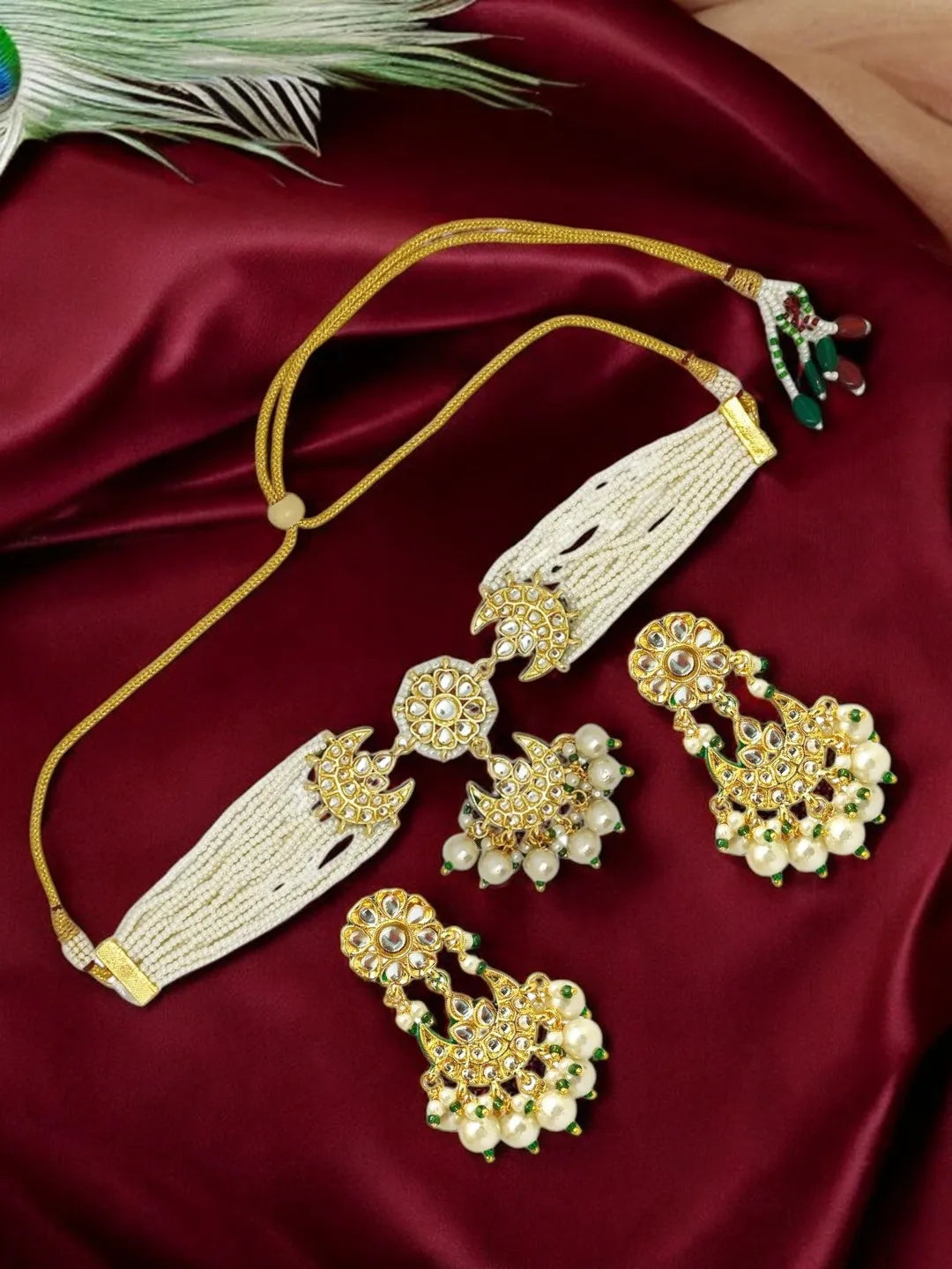 Gold-Plated Paachi Kundan-Studded & Beaded Choker Jewellery Set