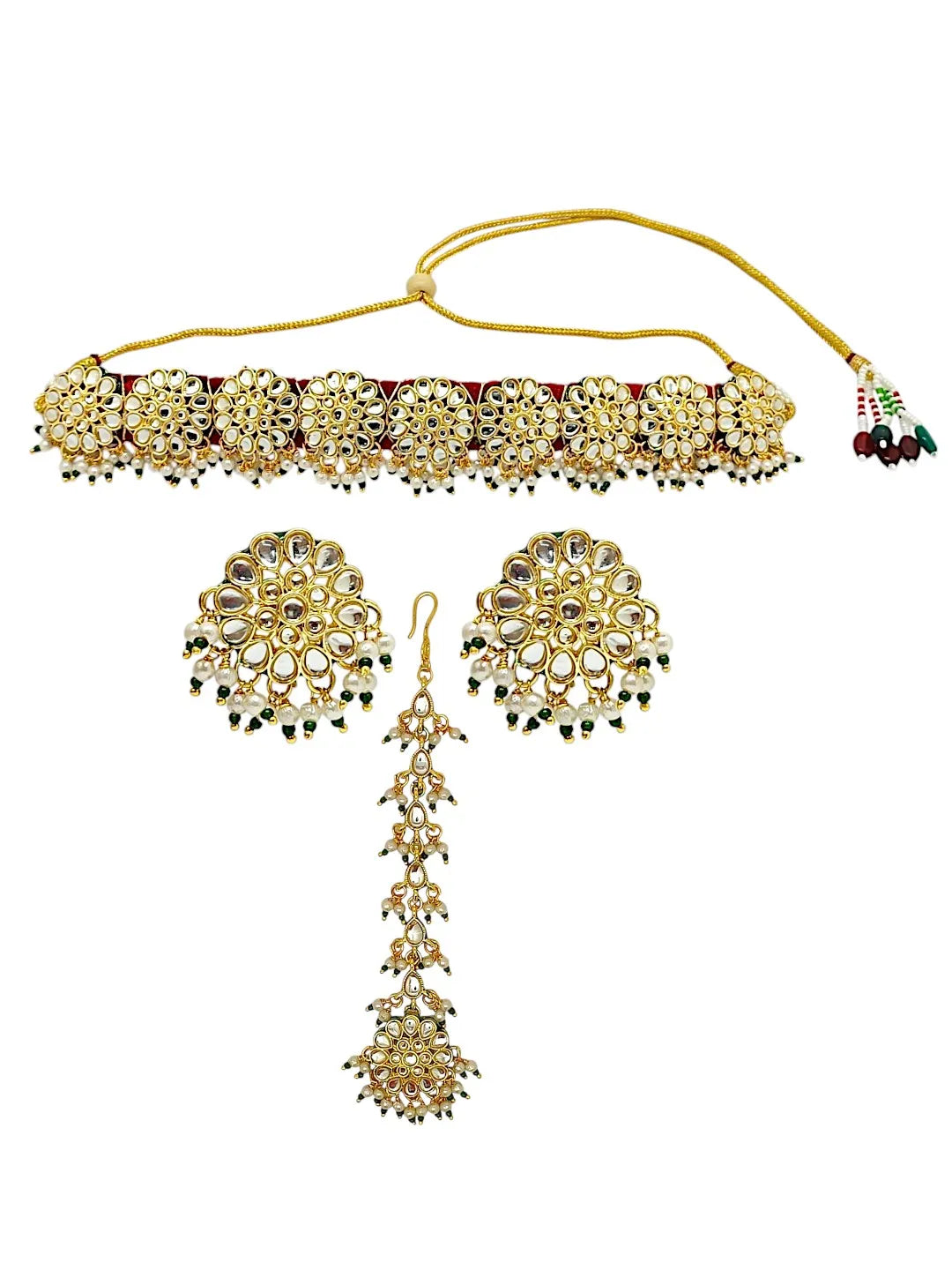 Gold-Plated Kundan-Studded & Beaded Velvet Choker Jewellery Set