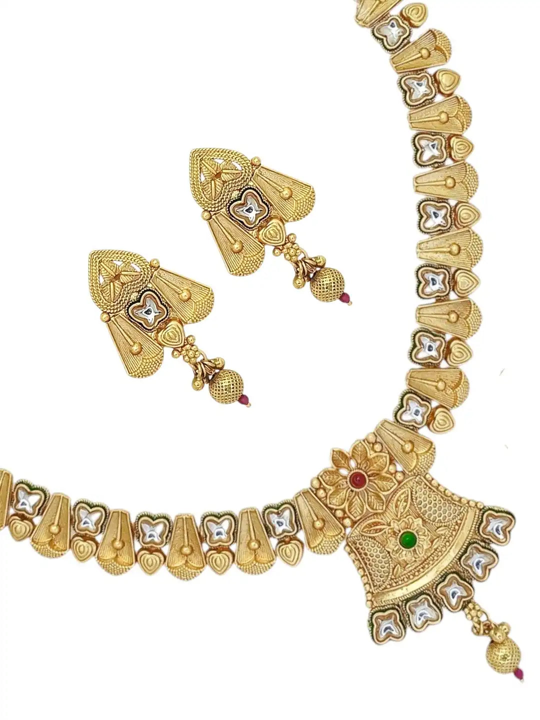 Gold Plated Rajwadi Matte Finish Necklace Set with Matching Drop Earrings