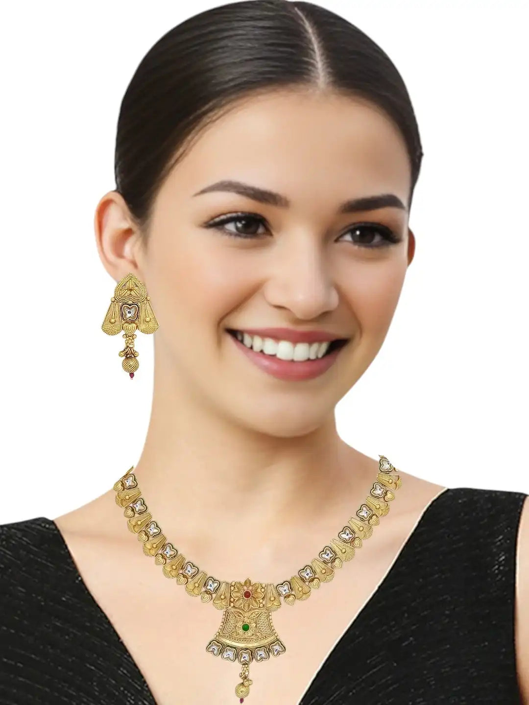 Gold Plated Rajwadi Matte Finish Necklace Set with Matching Drop Earrings
