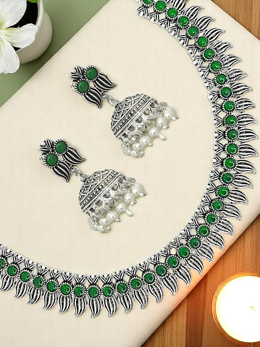 Silver-Plated Stone Studded & Beaded Jewellery Set