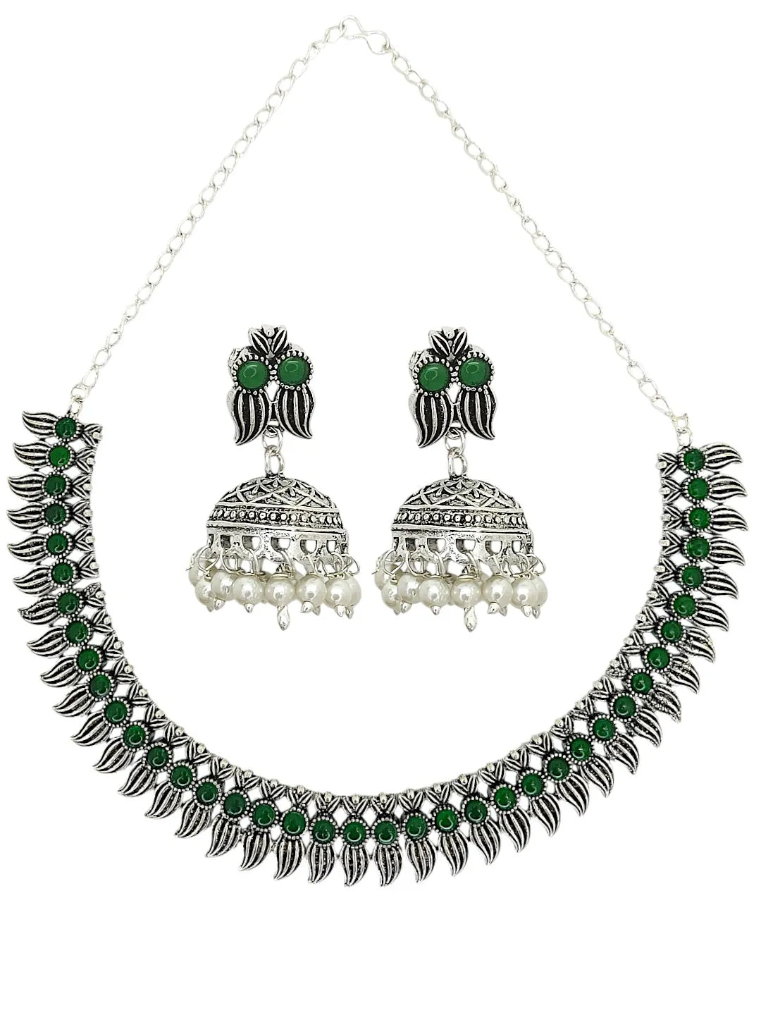 Silver-Plated Stone Studded & Beaded Jewellery Set