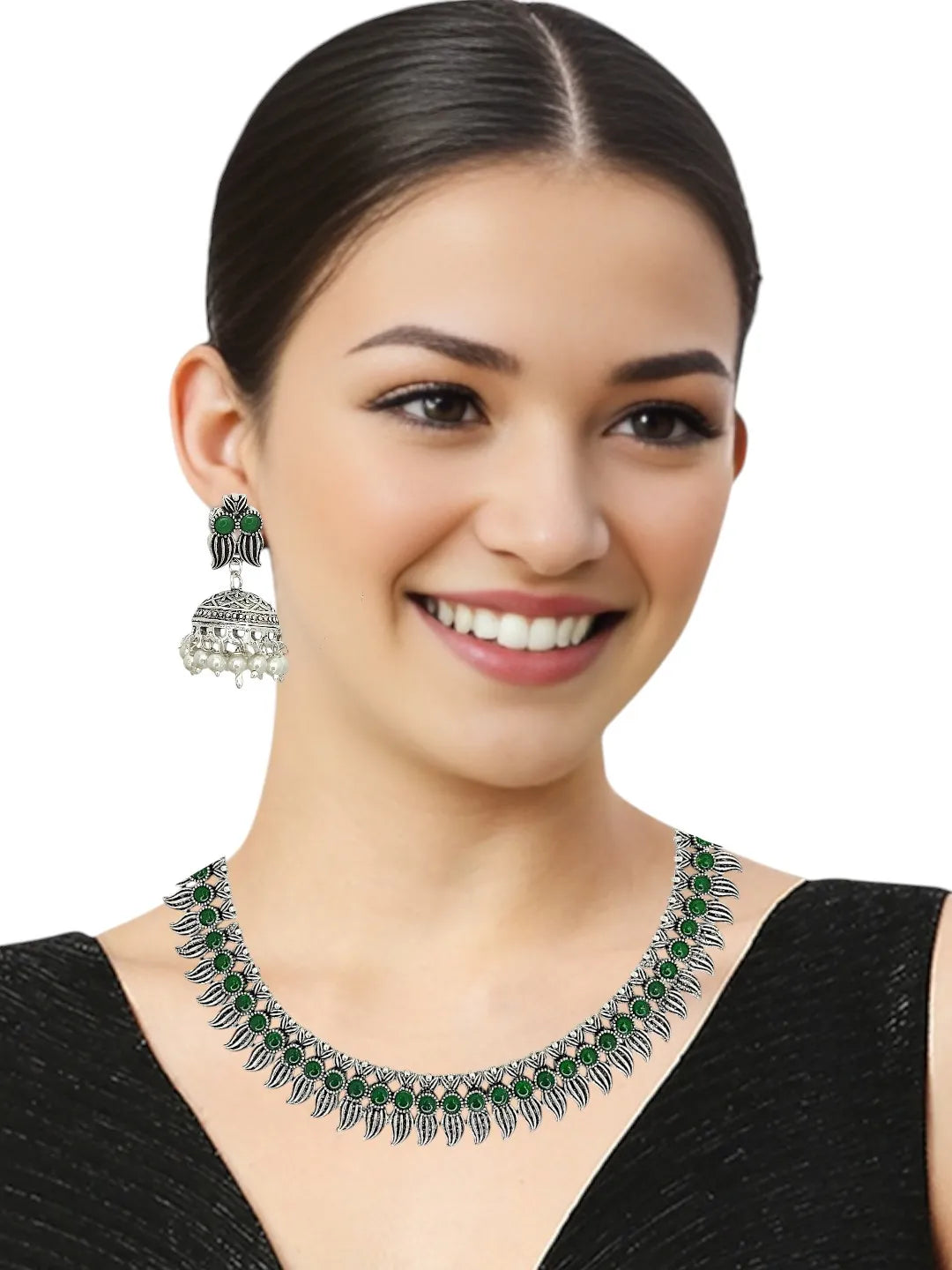 Silver-Plated Stone Studded & Beaded Jewellery Set