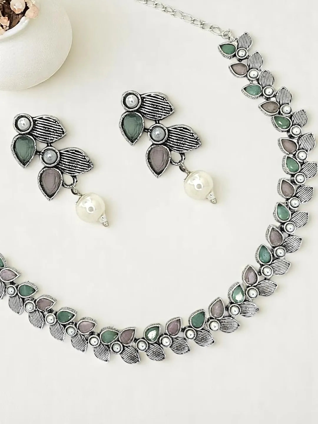 Silver-Plated Stones-Studded & Beaded Jewellery Set