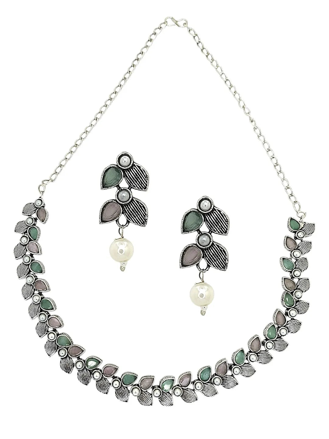Silver-Plated Stones-Studded & Beaded Jewellery Set