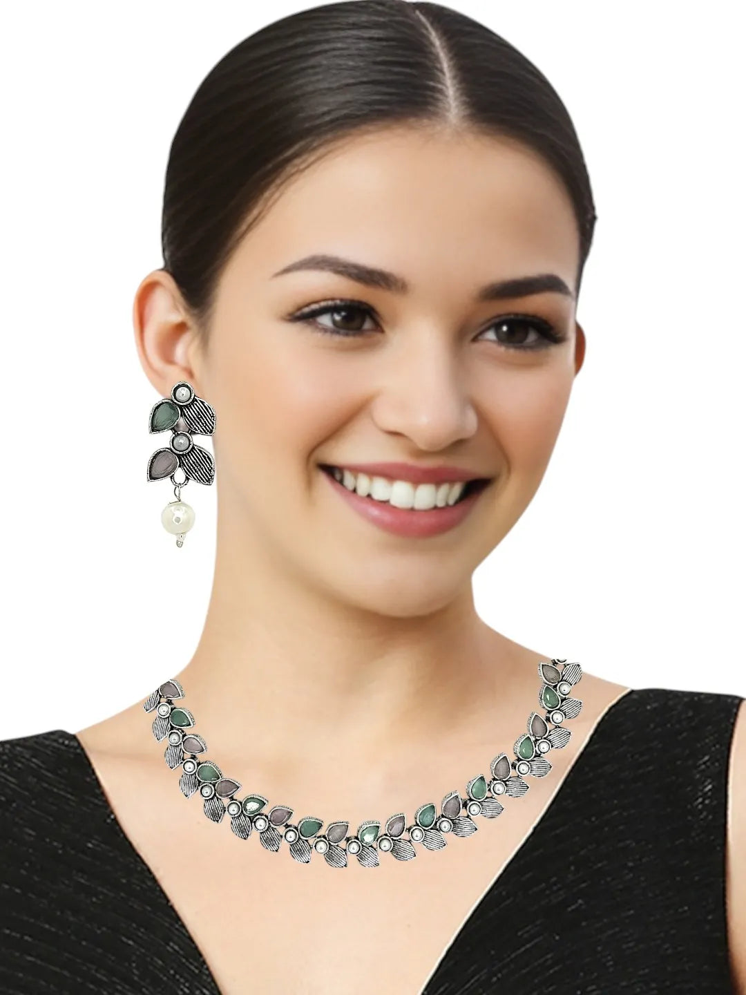 Silver-Plated Stones-Studded & Beaded Jewellery Set